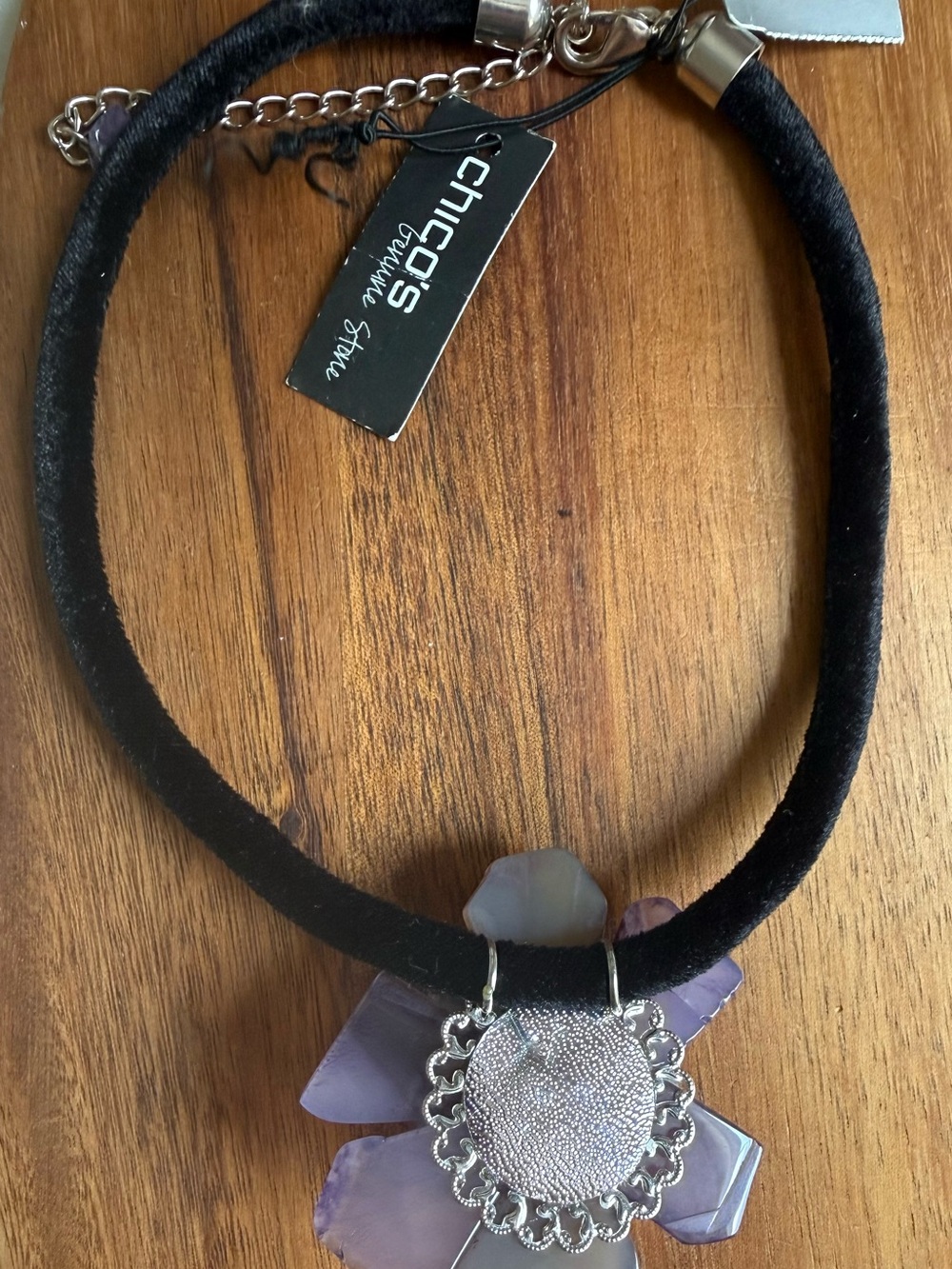 New Chico's Black Velvet Choker with Lavender Flower Gemstone Cluster Floral - Picture 7 of 9